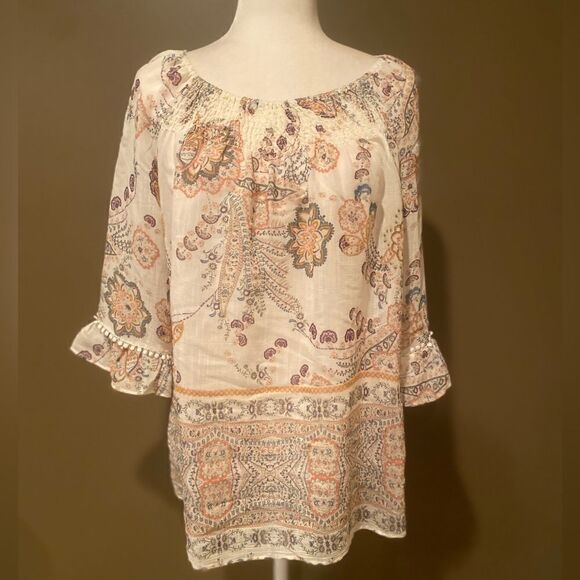 New Direction Blouse Size Large Floral Bell Sleeve Gathered Neck - Picture 2 of 11